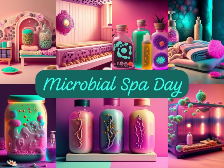 a collage of spa-related pictures with text "microbial spa day" in the middle